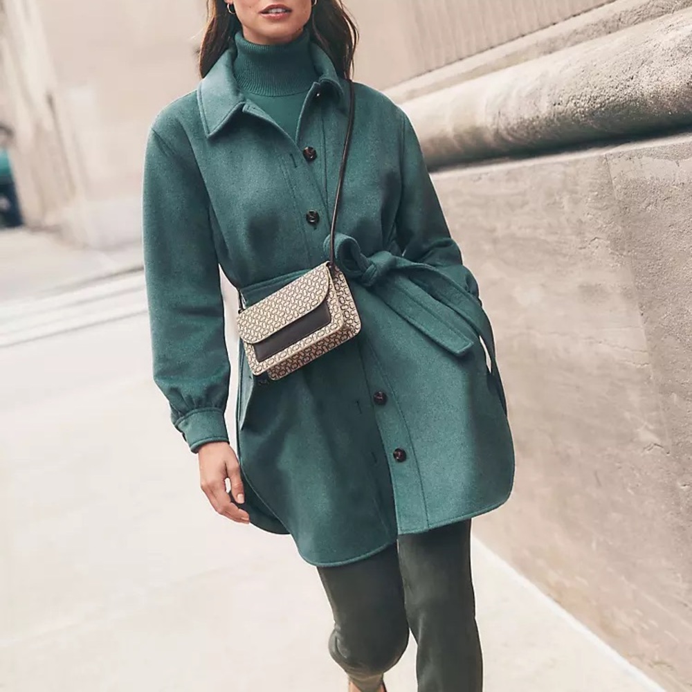 Ann Taylor Teal Belted Teal Wool Blend Belted Shirt Trench Coat XSP - Picture 2 of 7